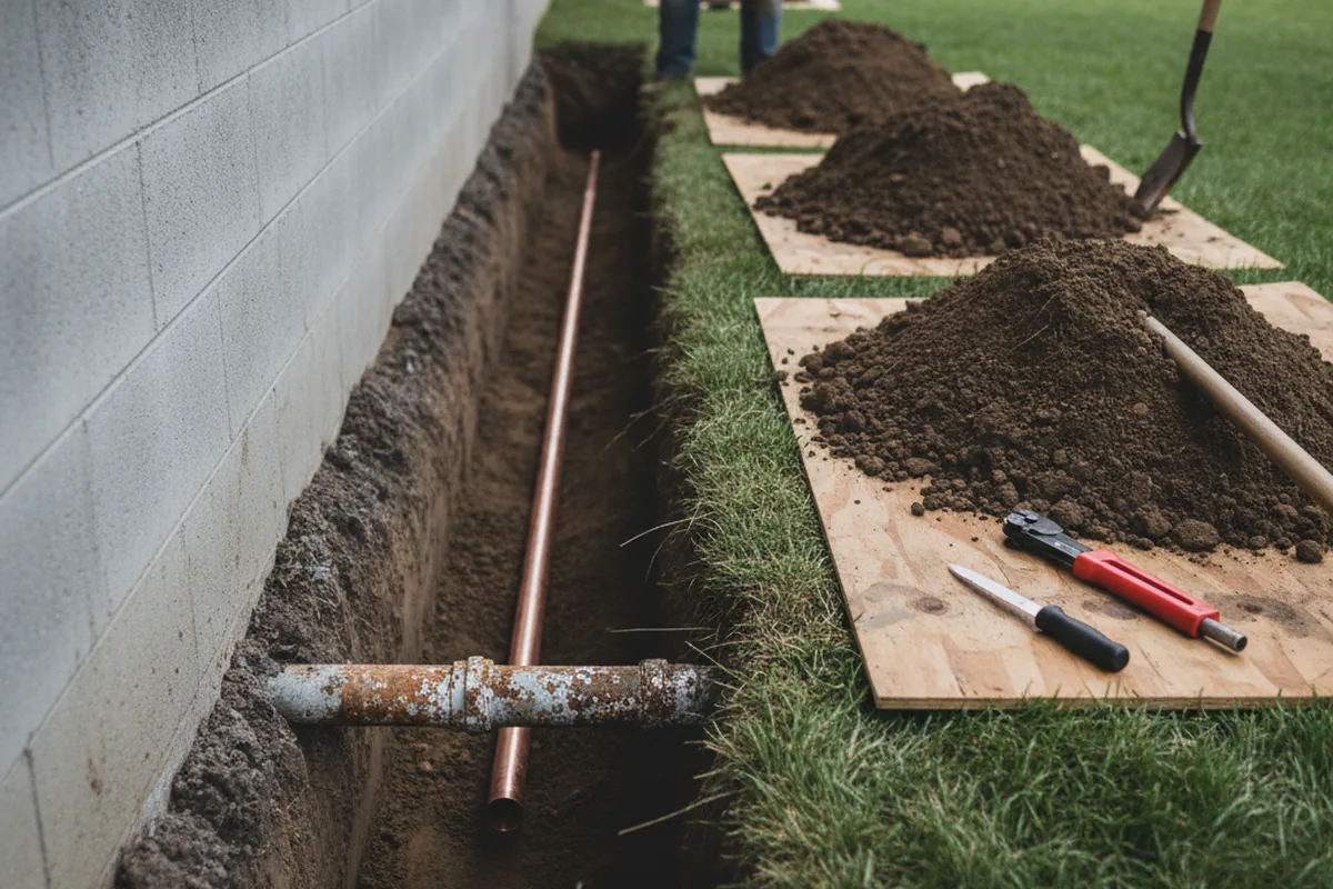 Excavated water line trench during Sewer Line Repair in New Concord